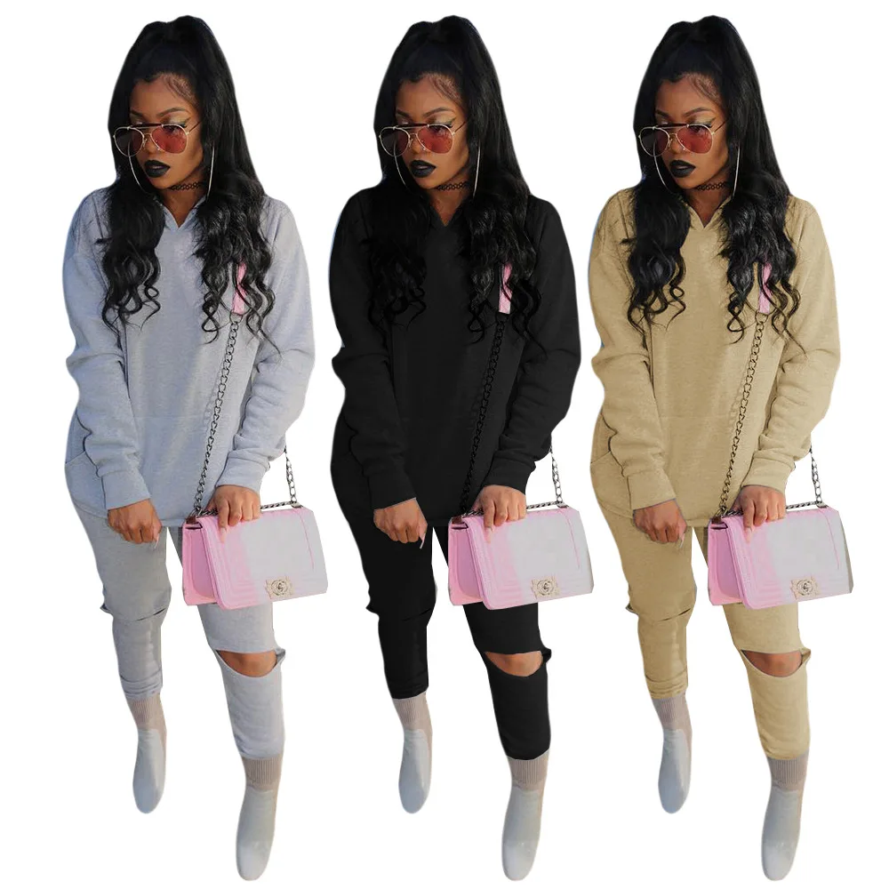 

Повседневный Женский комплект из двух предметов, укороченный топ с капюшоном и длинные брюки, свободный спортивный костюм с дырками, зимние...