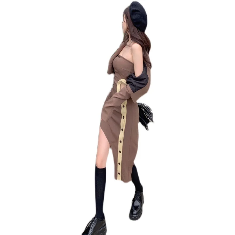 Hot Girl Suit Goddess Temperament Niche Irregular Design Coffee Color Tube Top Dress Short Autumn Coat Rac | Женская одежда