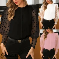 sexy women hot long puff sleeve see through translucent sheer mesh dot o neck blouse elegant streetwear lace tops casual female