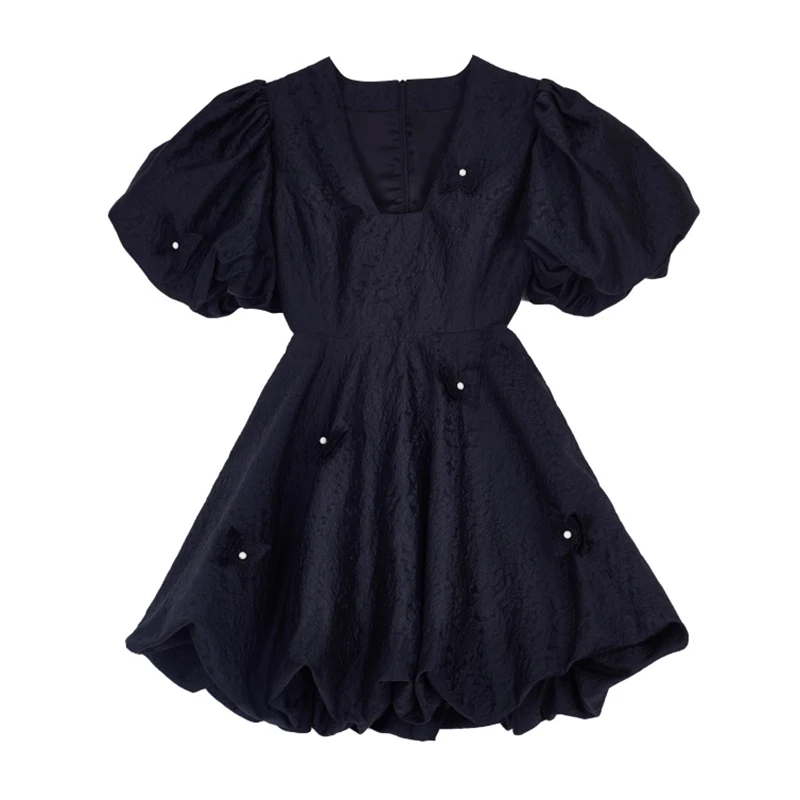 

VGH Vintage Black Patchwork Bowknot Dress For Women Square Collar Puff Short Sleeve High Waist Ruched Mini Dresses Female Summer