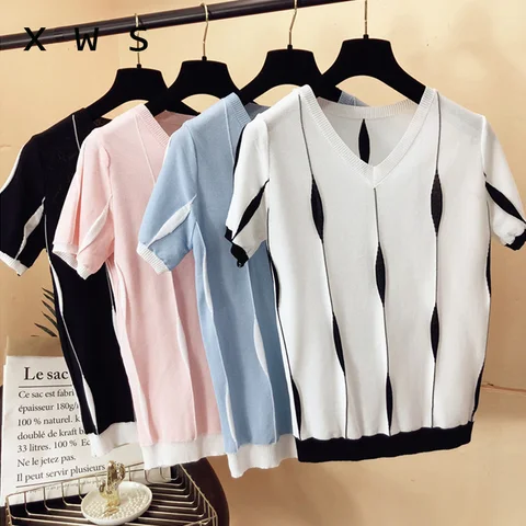 Women Spring Summer Style Knitted Sweater Pullovers Lady Casual patchwork Color V-Neck Short Sleeve pink Pullovers Tops