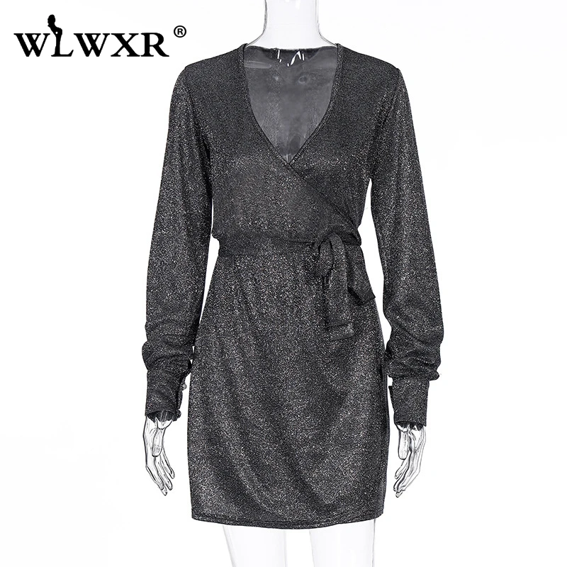 WLWXR блестящее Золотое сексуальное облегающее мини платье для женщин с v образным