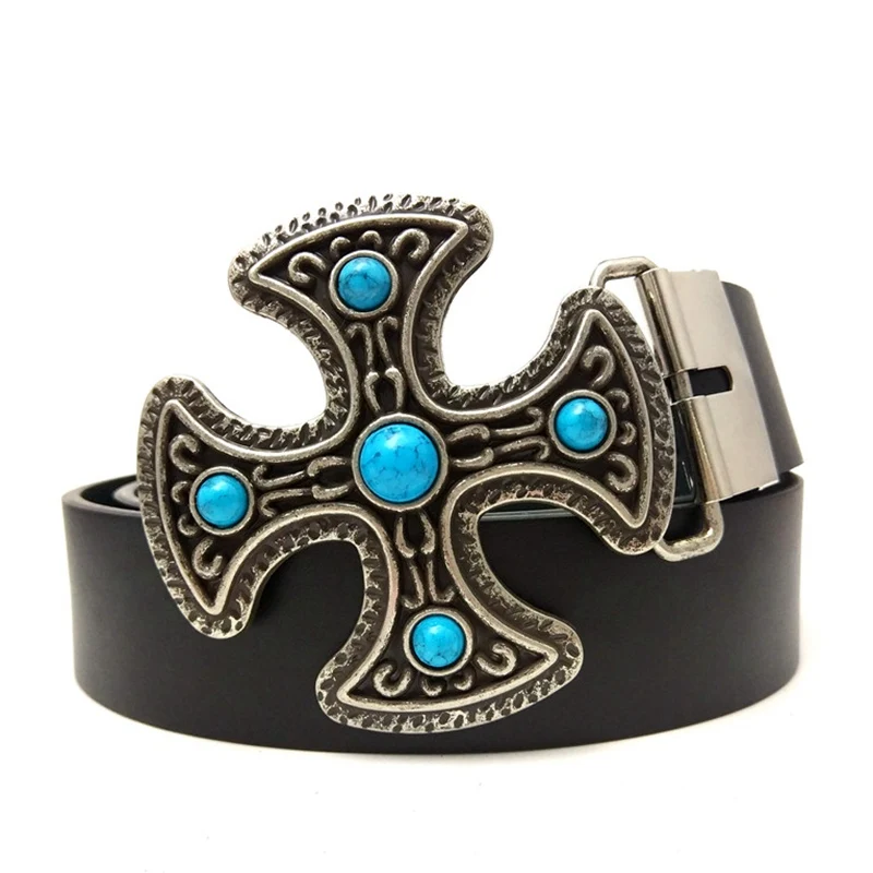 Casual Black PU Leather Western Cowboy Belt for Man Boy with Vintage Turquoise Cross Metal Buckle Fashion Male Accessories