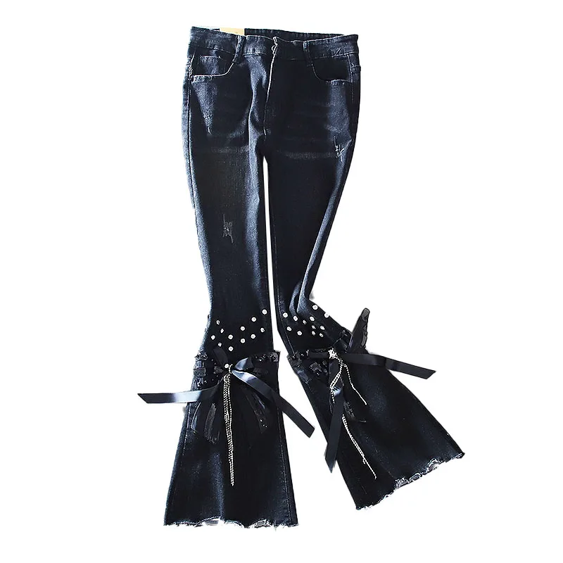 

2021 Spring Women Jeans Retro Style Butterfly Knot Diamonds Tassels Fashion Lady Flare Type Sequins Black Denim Pants Women