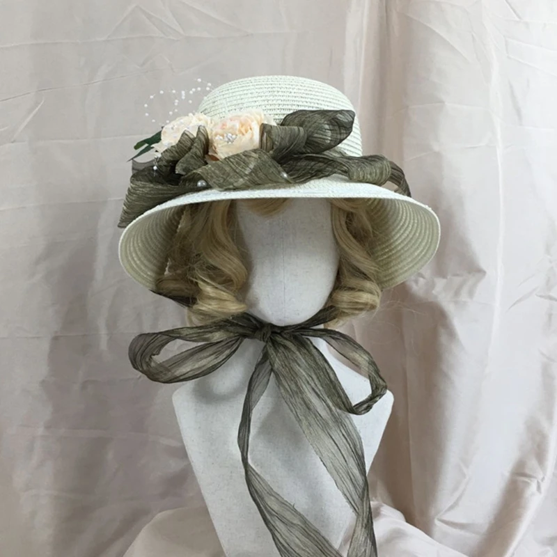 

Women's Lace Straw Hat Lolita Girl Lovely Breathable Soft Ribbon Strawhat Cap with Wide Brim for Tea Party Gift