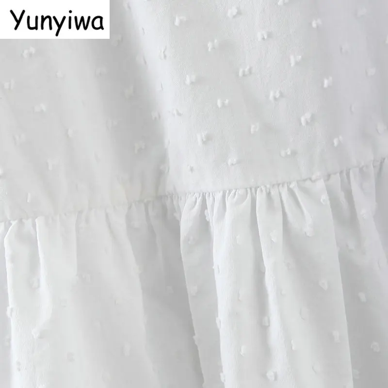 Модное женское белое платье в горошек с вышивкой и длинным рукавом повседневное