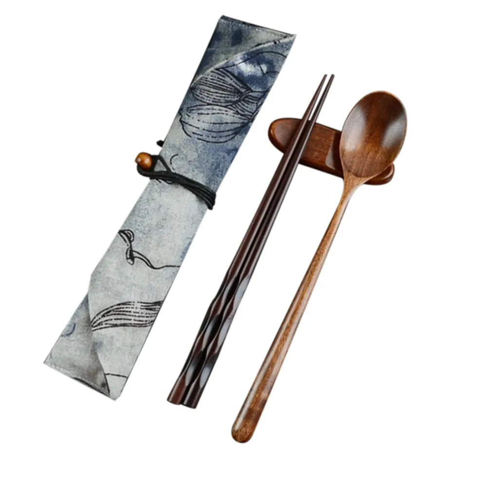 

1set Japanese Wooden Chopsticks Spoon Tableware 2pc Set Travel Outdoor Eating Ware Vintage Wood Chopsticks Packing Bag Set #10