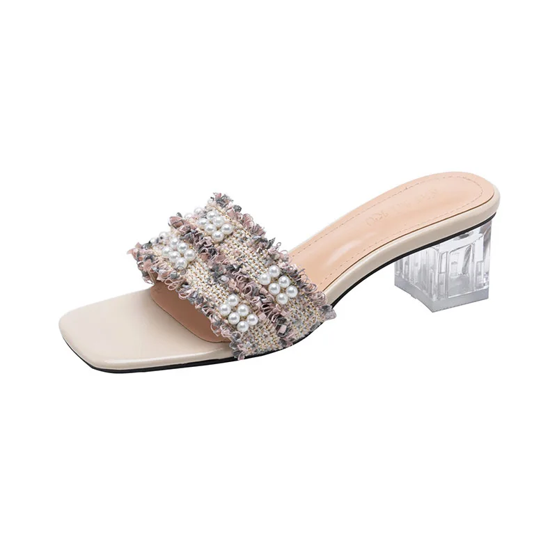 

Shoes Slippers Women Summer Luxury Slides Pantofle Transparent Heel Med Square Toe Designer 2021 Fabric Rubber Basic Scandals Ho