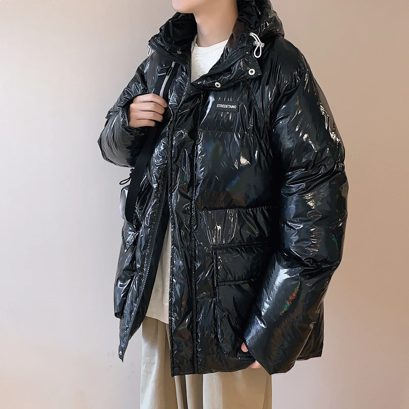 Hip Hop Oversized Mens Pu Leather Parkas Jacket Streetwear Harajuku Cotton Padded Warm Outwear