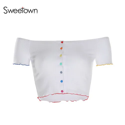 white Sweetown черная укороченная женская футболка с коротким рукавом, женские цветные однобортные футболки кавай с вырезом лодочкой, сексуальные летние топы - Цвет: white