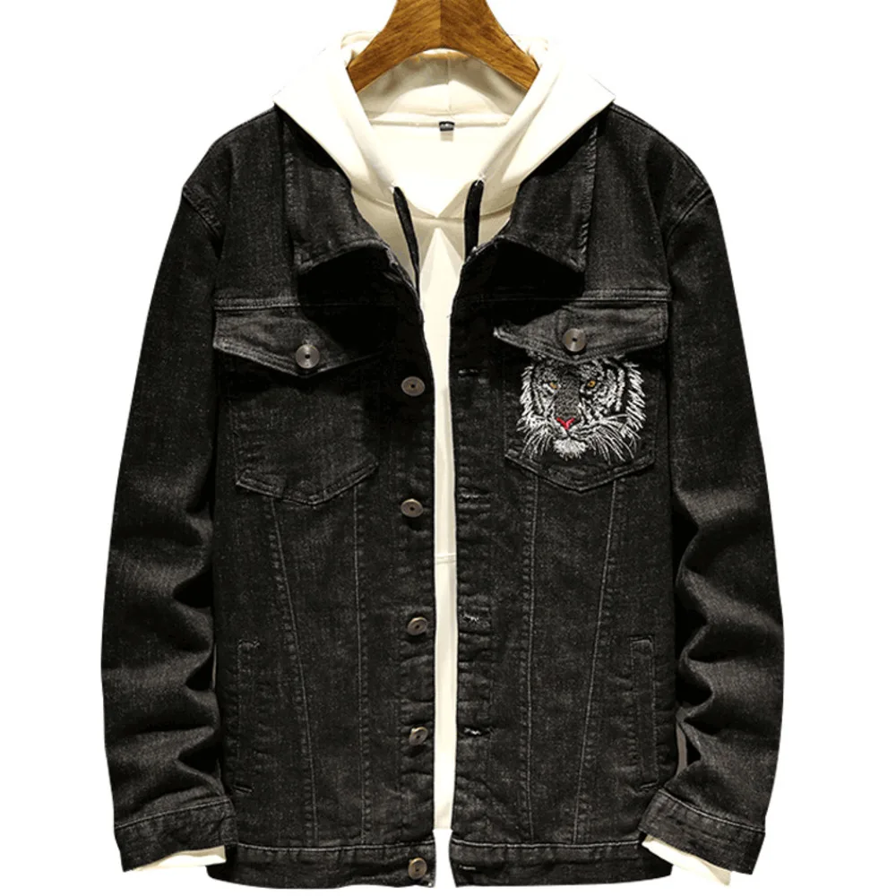 

Autumn Fashion Men's Chinoiserie Embroidered Tiger Chinese Style Denim Jacket Harajuku Streetwear Hip Hop Denim Clothing Coat