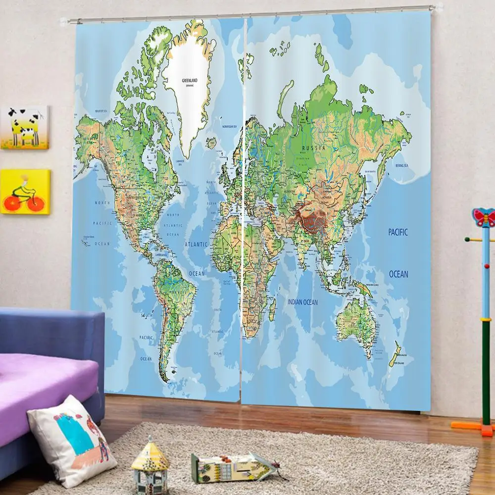 Пользовательские мультфильм карта мира узор занавес цифровая печать для