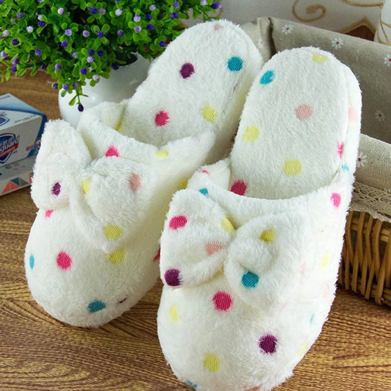 

Winter Warm Women Indoor Slippers Cotton Fabric Slippers Couples Leisure Bowknot Wooden Floor Slippers