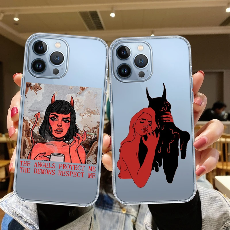 

Woman Hugging Devil Phone Case For iPhone 12 13 Pro Max 7 8 Plus SE 2020 11 XS MAX XR demon Girl Transparent Soft Silicone Cover