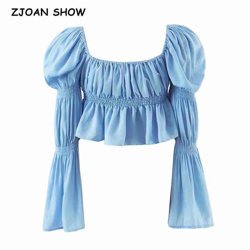 

Летняя однотонная эластичная Укороченная рубашка в стиле ретро, милая плиссированная блузка с квадратным воротником, длинными расклешенны...