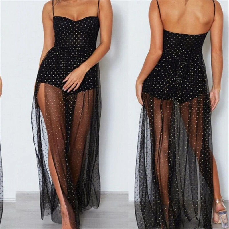 

Summer Womens Boho Mesh Sheer Polka Dots Dresses Female Strappy Dress Lady Party Cocktail Beach Sundress