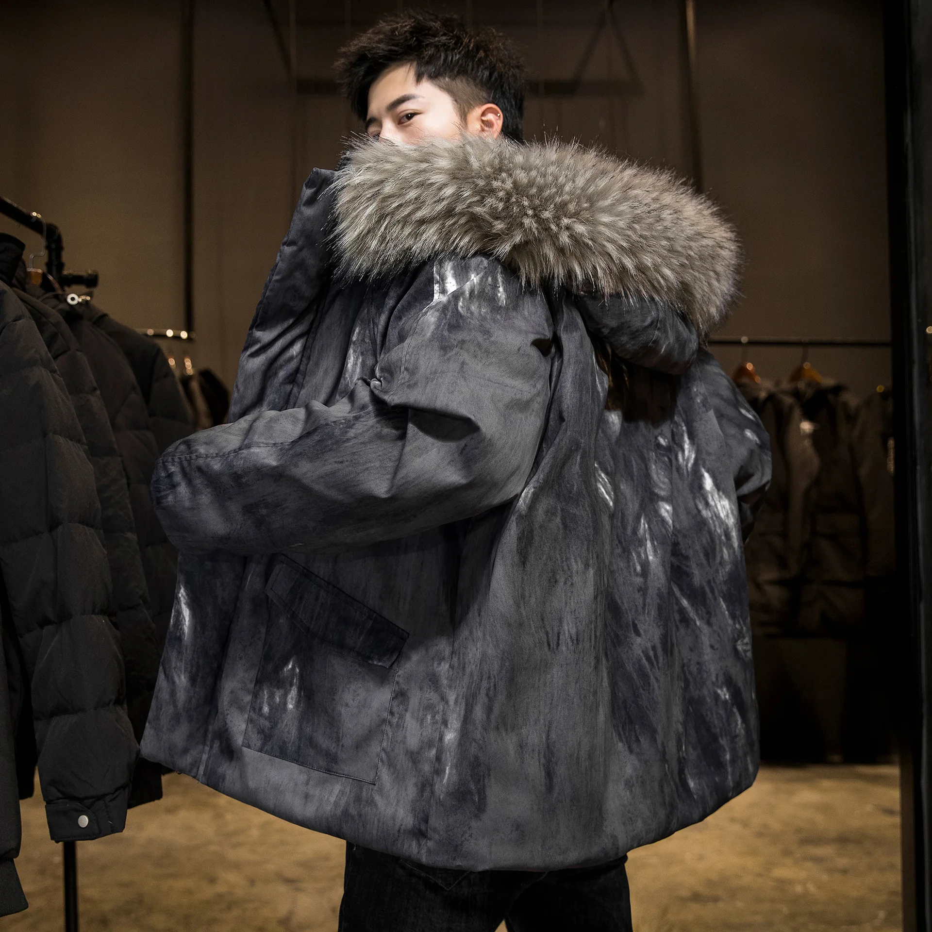 Winter men jacket Camouflage fashion trend coat popular logo warm loose loose casula big fur collar jacket  male