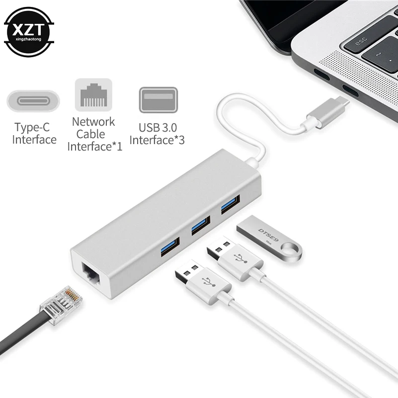 Адаптер Ethernet Type C для сетевой карты RJ45 проводной 10/100 Мбит/с гигабитный USB 1000