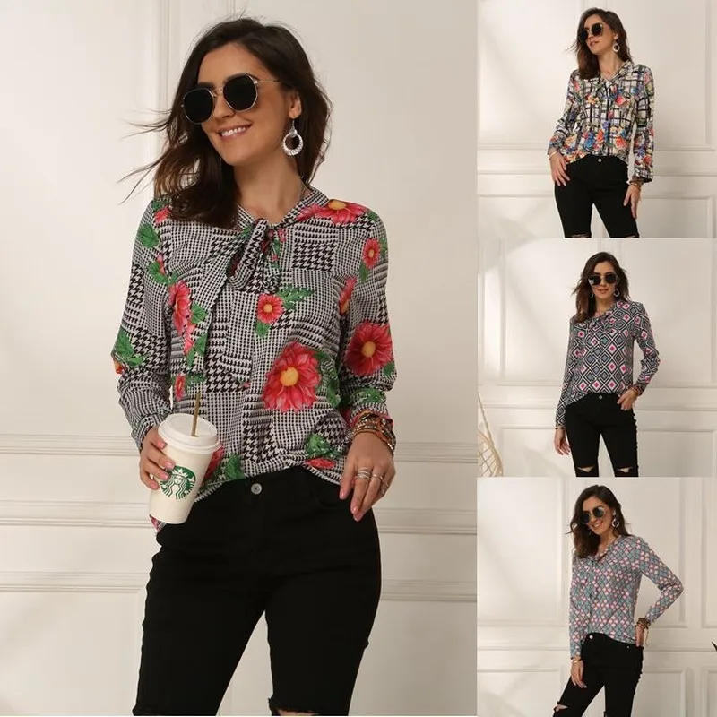 

2020 Women's Spring and Summer Printed Floral Shirt V-Neck Long Sleeve Blouse Womens Tops