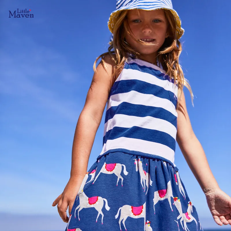 

Little Maven New Summer Kids Striped Printed Animal Floral Patchwork Girls 2-7yrs Sleeveless Cotton Knitted Casual Sands Dresses