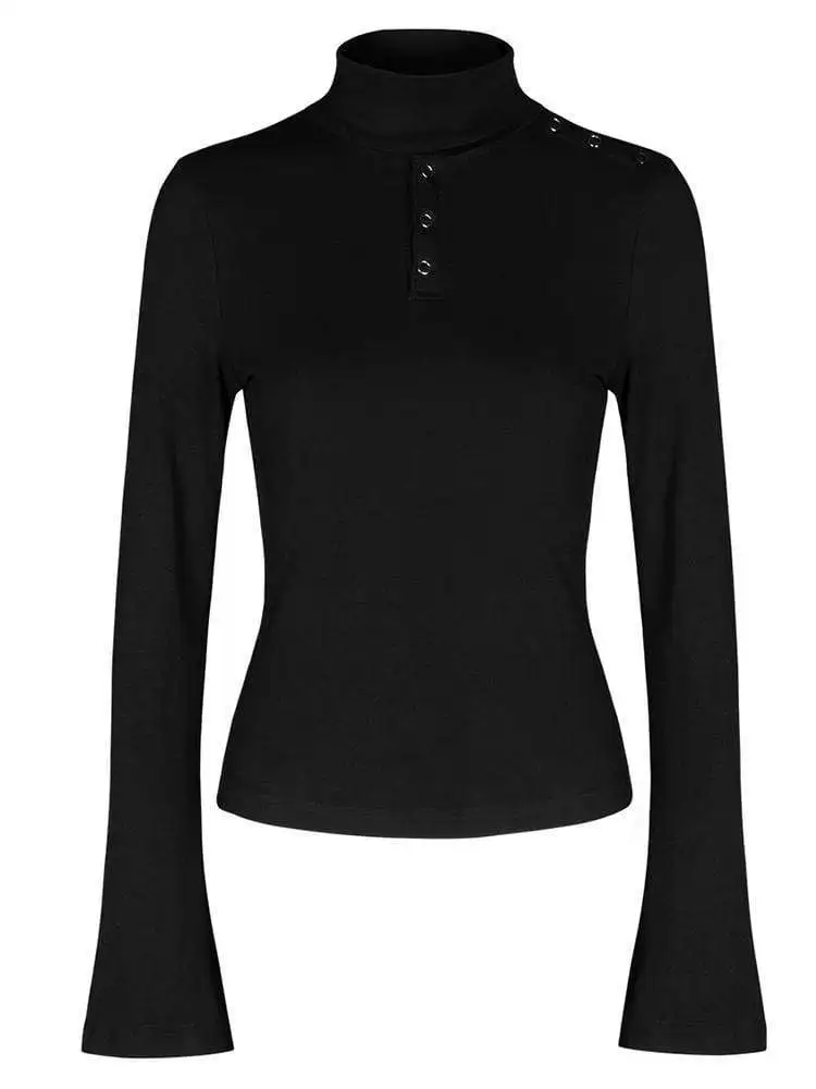 Панк рейв Женская высокая шея пряжки с расклешенными рукавами футболки PT