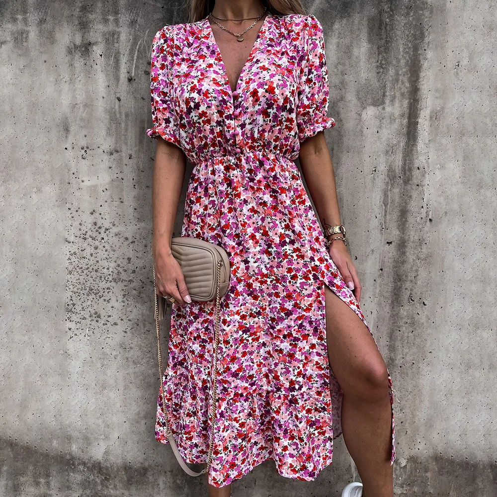 

2021 Spring Floral Print Slim Long Shirt Dress Women V-neck Button Split Party Dress Autumn Long Sleeve Elastic Waist Maxi Dress
