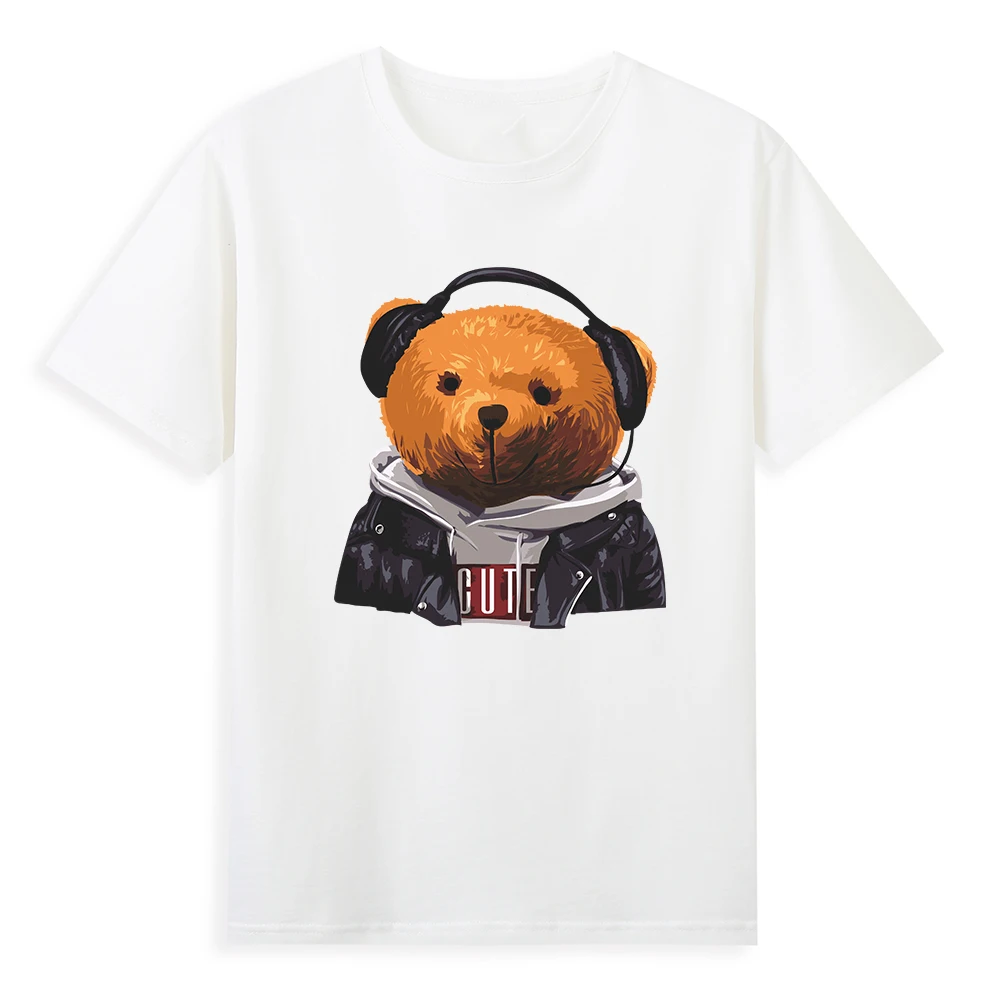 

Street Trend Teddy Bear T Shirt Young Men and Women Shirt High Quality Kawaii Earphone Bear T-shirt