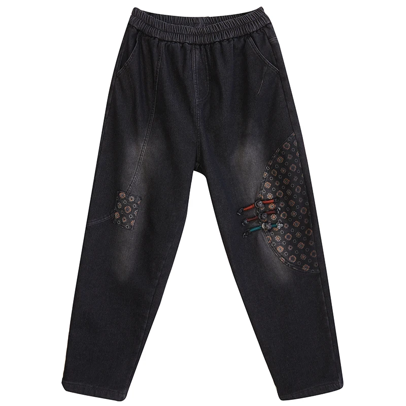 

Ethnic Style Retro Frog Patchwork Jeans Women's Fleece-Lined Thickened Winter Loose All-Matching Trousers High Waist Harem Pants