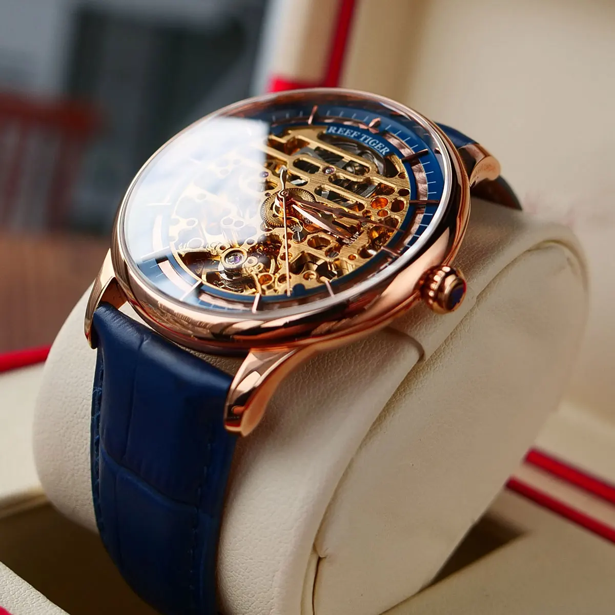 Мужские часы скелетоны из телячьей кожи цвета розового золота|tiger design|watch automaticwatch