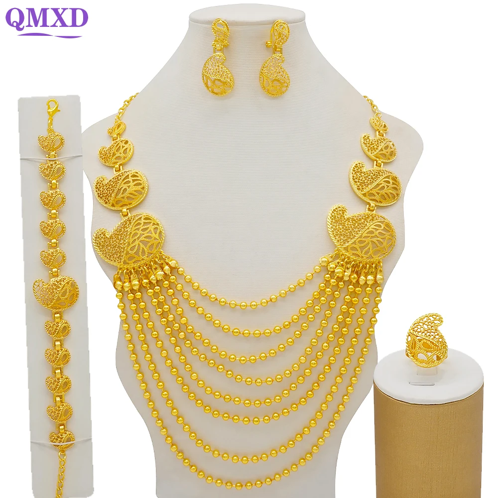 

2022 Dubai African Gold Color Jewelry Sets For Women Indian Jewelery Sets Nigerian Necklace Ring Earring Wedding Accessories