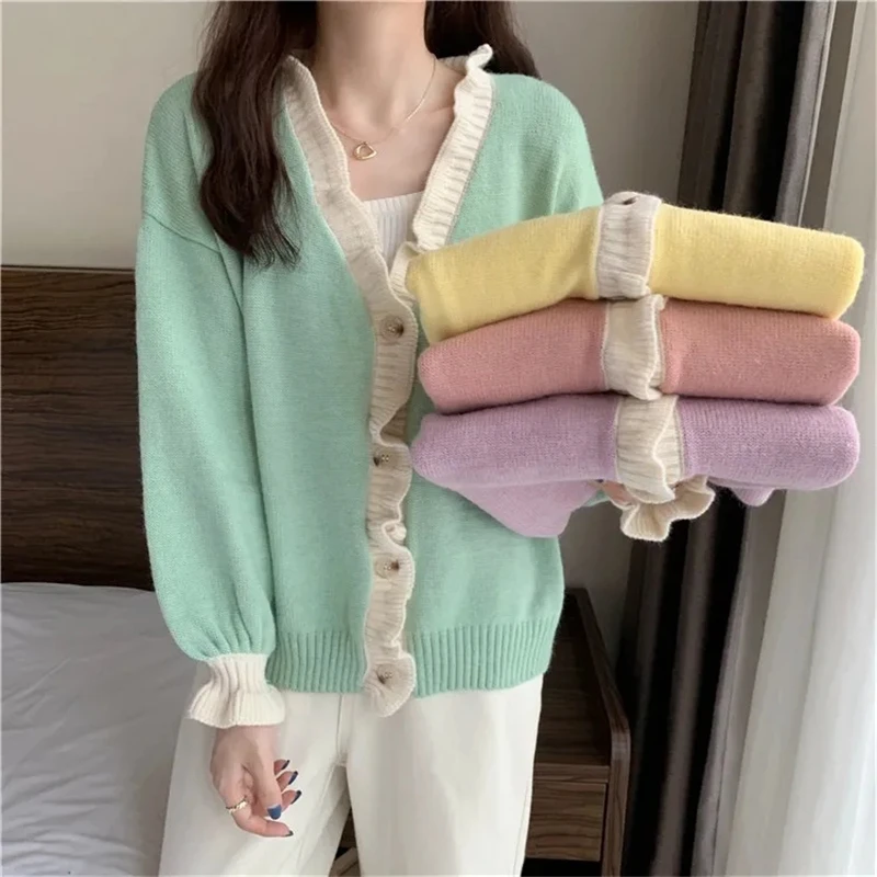 

Knitted Sweater Coat 2021 Autumn Winter Women Hit Color Ruffle Cardigan Jacket Korean Long Sleeve Puff V-neck Sweet Pull Top New