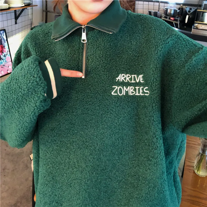 

Autumn Winter Long Sleeve Women Sweatshirts Letter Lamb Hair Female Thick Sweatshirt Casual Pocket Large Size Zipper O Neck Top