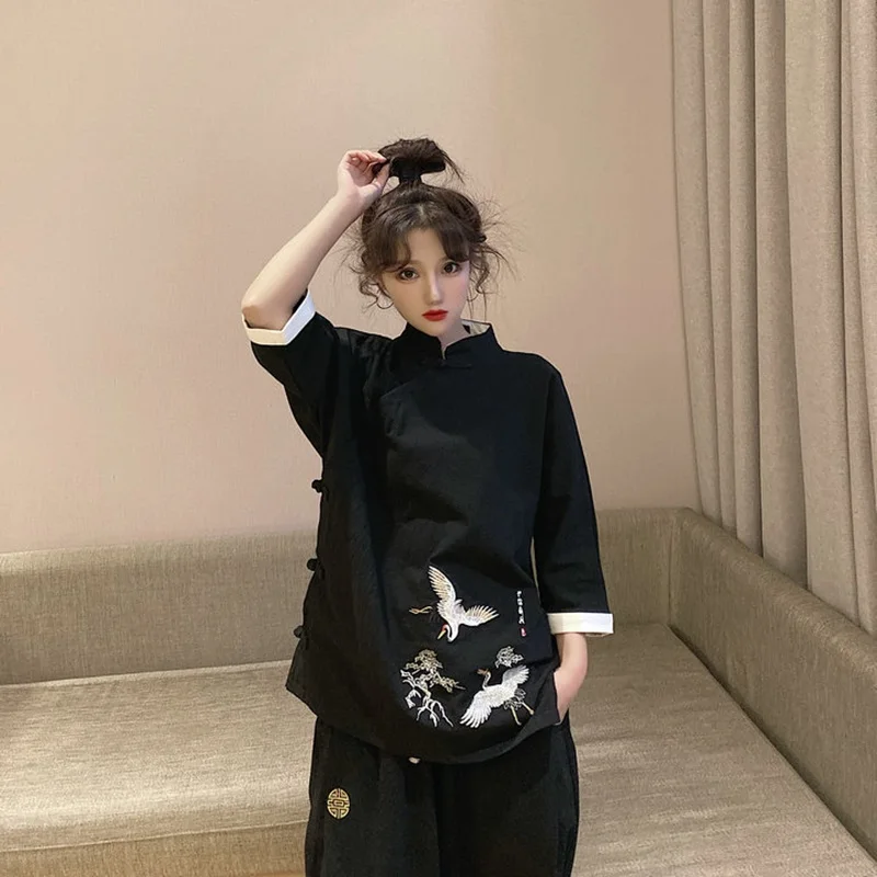 

Women Men Chinese Style Tang Suit Crane Embroidery Oriental Clothing Casual Retro Fashion Cheongsam Top Blouse Kungfu Set KK3684