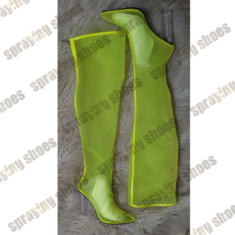 Fashion Neon Sandals Women Mesh Thigh High Boots Transparent Chunky High Heels Summer Sandals Long Boots Green/Orange/White/Gray