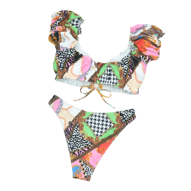 

2021 Fashion 2 Pcs Women Sexy Bathing Suits Adults Vintage Print Short Sleeve Tie Up Padded Bikini Tops Swimming Bottoms Outfits