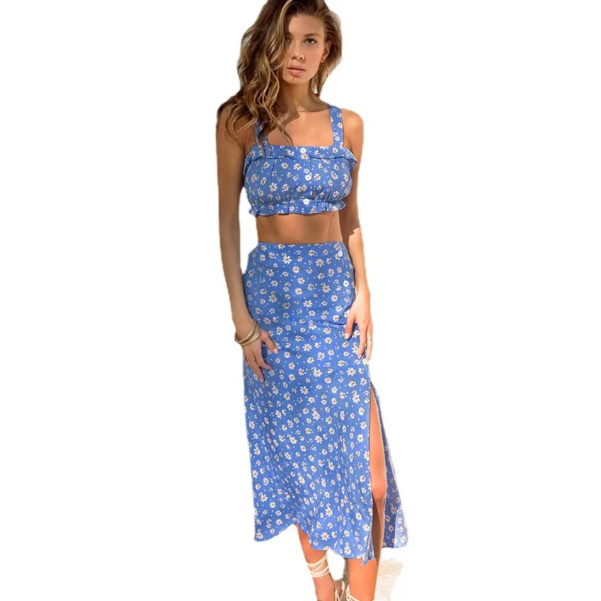 

Vest skirt 2 pieces summer new floral sexy backless square neck halter top dress