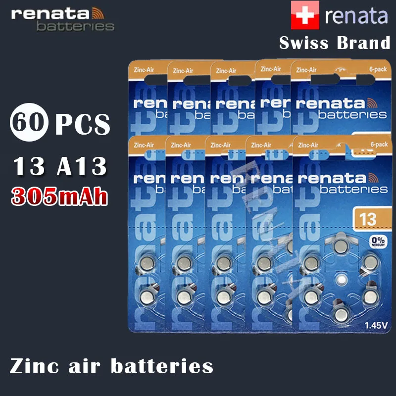 60 шт Renata 13 1 45 v 305mAh цинковые воздушные батареи A13 P13 PR48 S13 для слухового аппарата