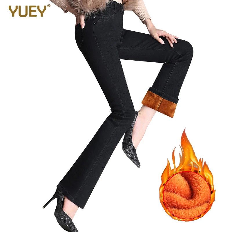 YUEY Новинка S до 5XL Женские утолщенные теплые джинсы для зимы с высокой талией