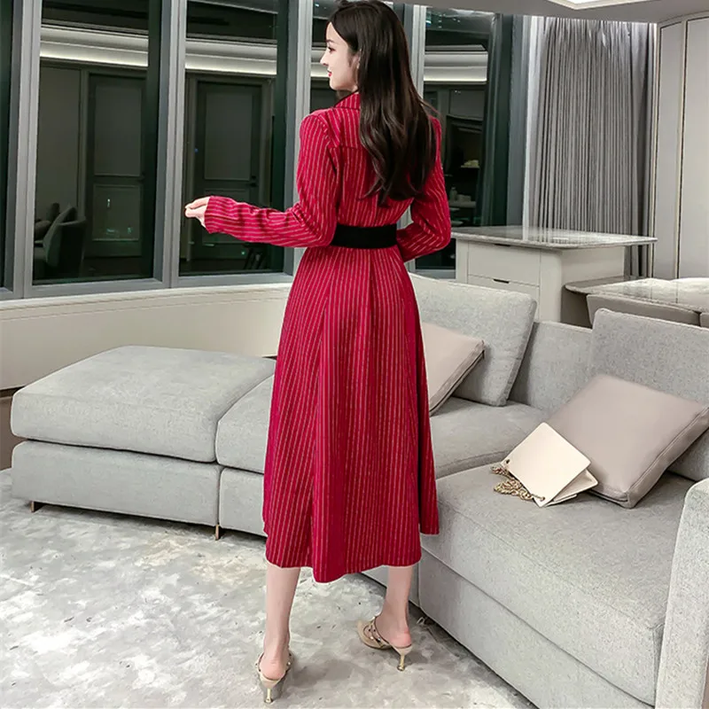 REALEFT винтажные Женские полосатые рубашки платья с высокой талией длинным рукавом