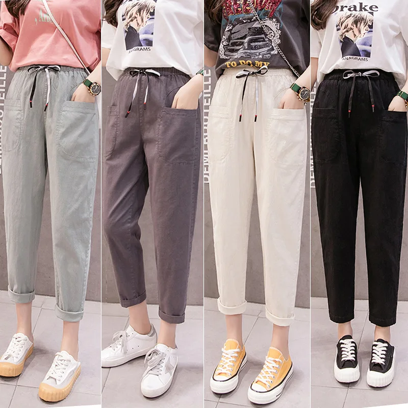 

Casual Balck Pocket Pants Ladies Cotton Linen Trousers Women Cargo Pants High Waist Drawstring Slim Loose Streetwear Pants Women