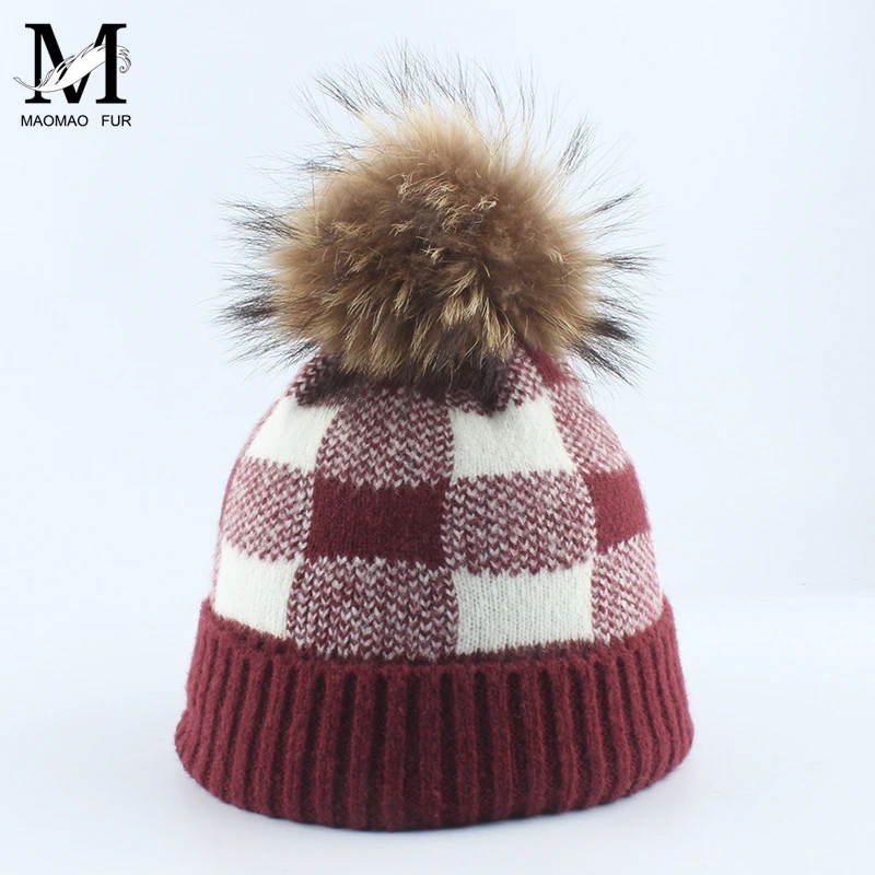 Casual Women's Hats Wool Knitted Female Beanies Autumn Winter Real Fur Pom Hat Brand New Thick Girls Skullies | Аксессуары для