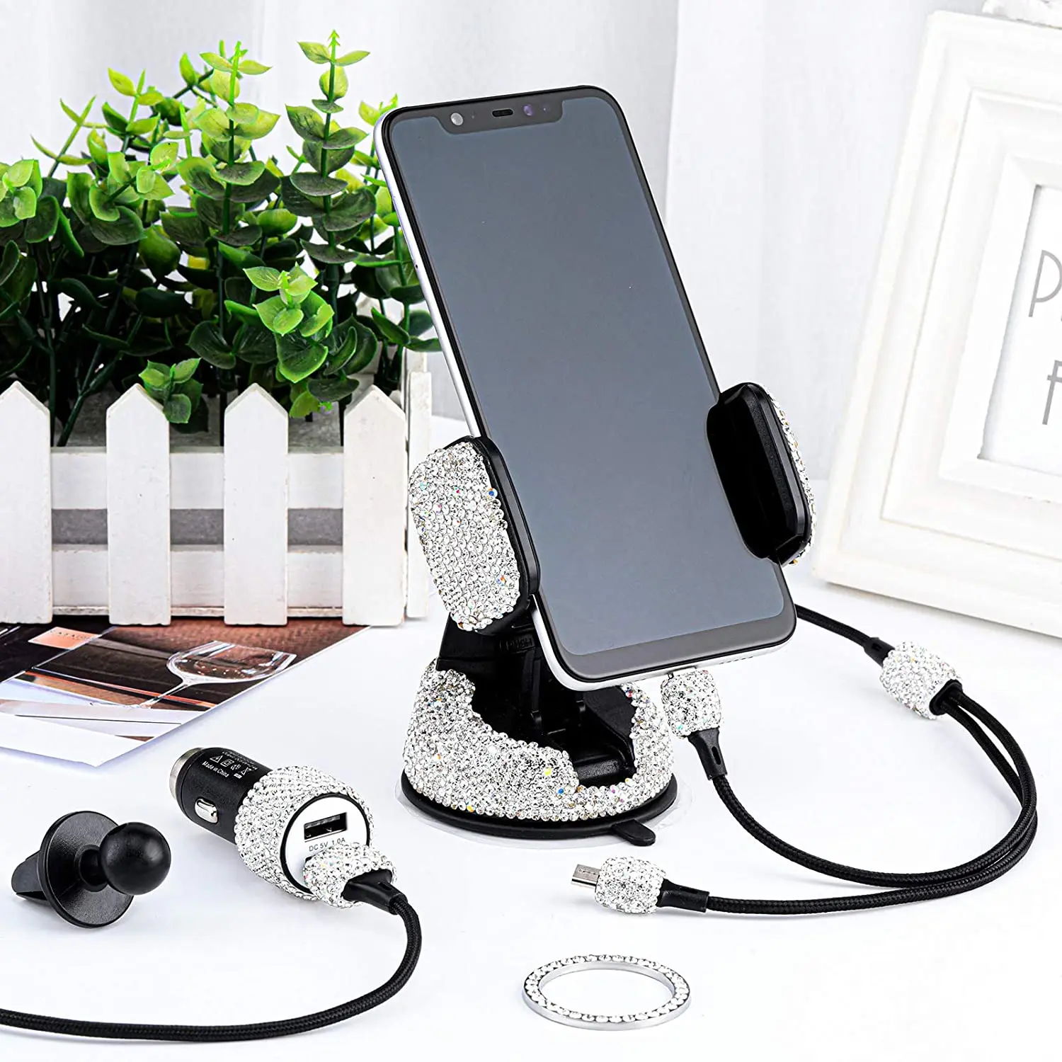 5 pack bling rhinestones cell phone set car phone mount holder charger charging cable for iphone ipad android car accessories free global shipping