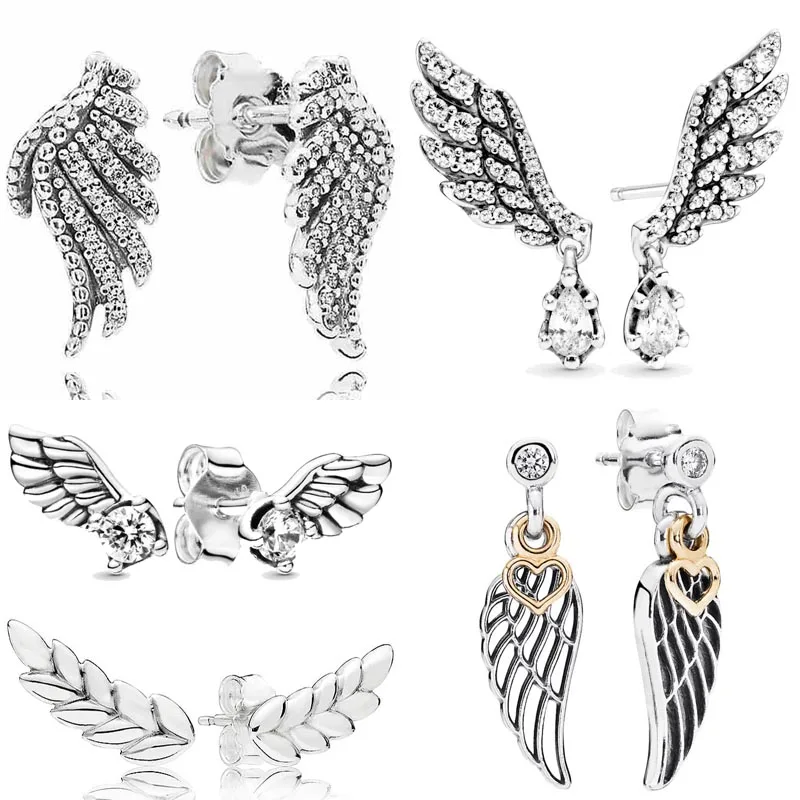 

Original 925 Sterling Silver Sparkling Angel Wings Majestic Feathers With Crystal Stud Earring For Women Popular DIY Jewelry