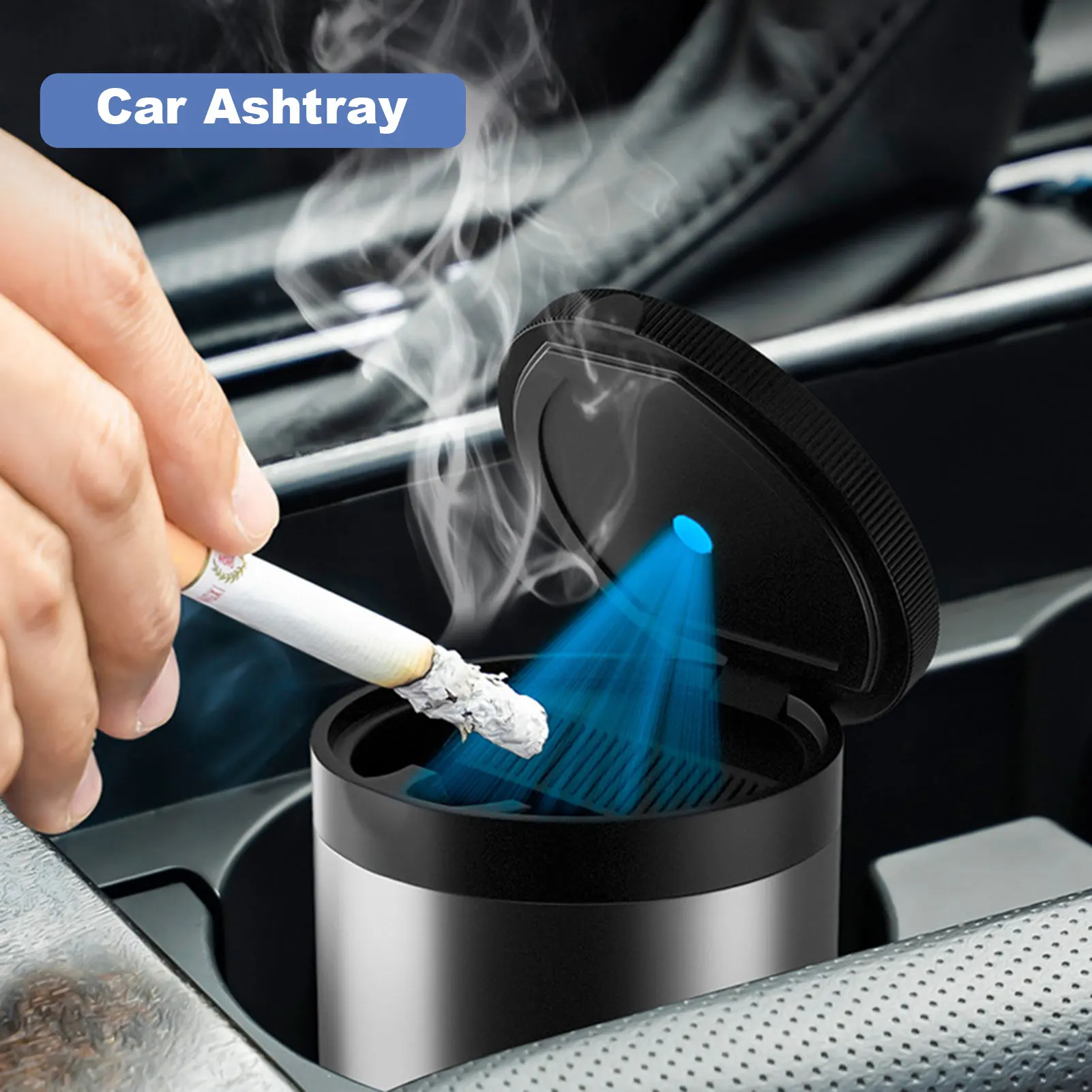 

Car Ashtray Portable Mini Trash Can With Lid Multifunctional Creative LED Light Removable Aluminum Alloy Car Ashtray