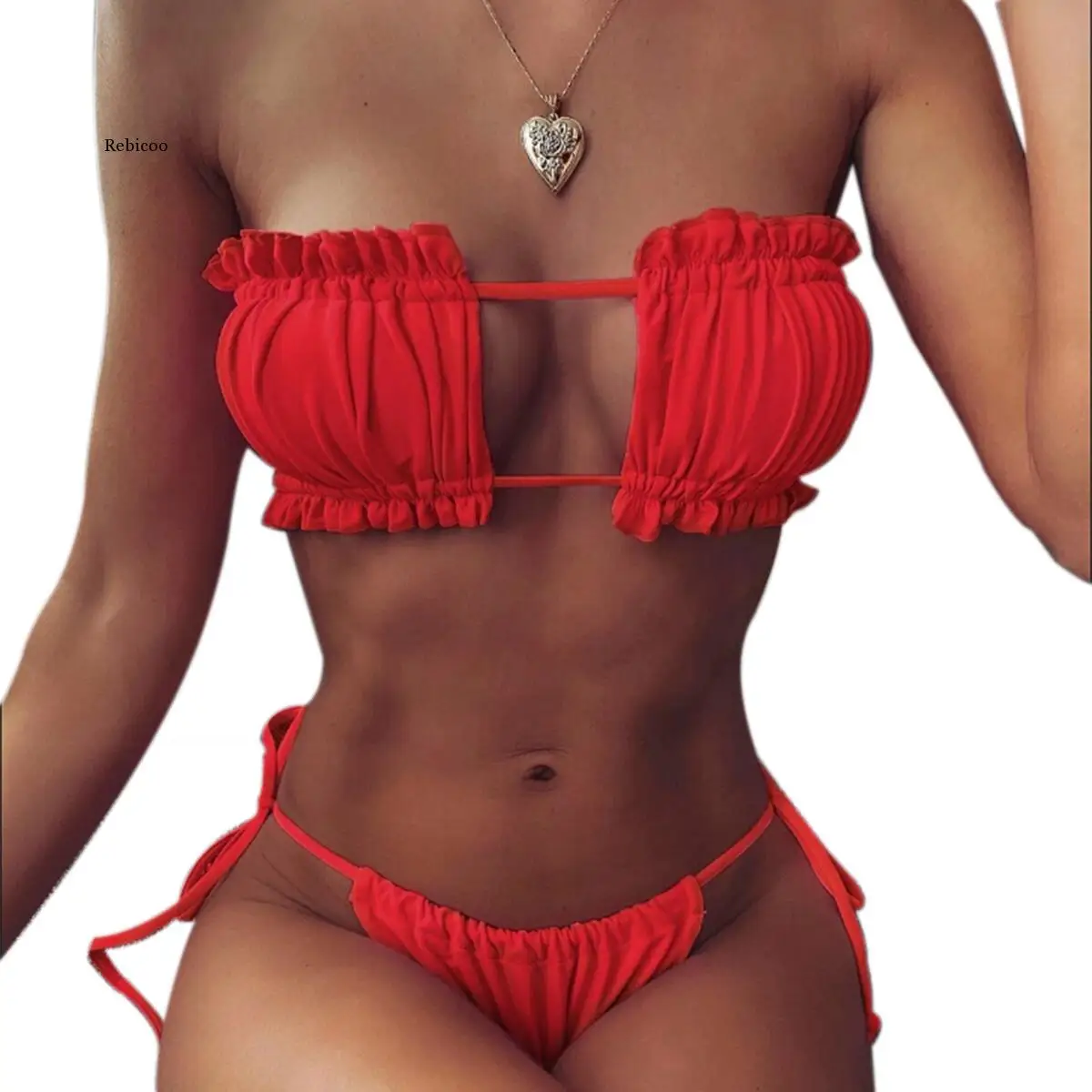 

New Women Bikinis Set Summer Solid Strapless Ruffles Bathing Bathing Suimwear Beach Ladies Wear String Bandage Padded