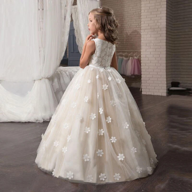 Fancy Flower Long Prom Gowns Teenagers Kids Dresses For Girls Children Party Dress Princess Bridesmaid Wedding Formal Costume | Детская