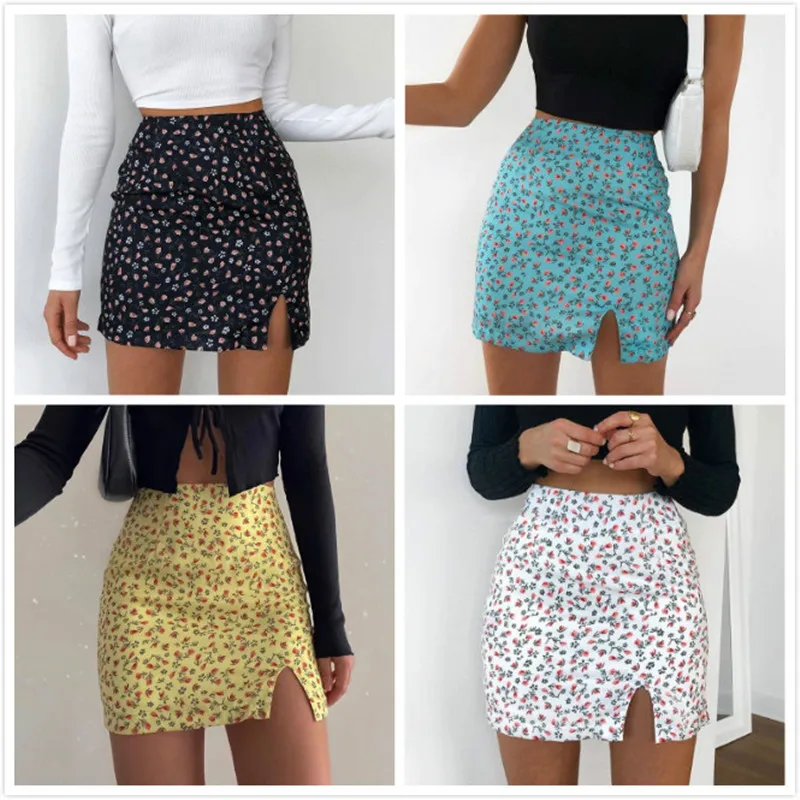 

New arrival Summer kawaii student Skirts Floral print Vintage Woman Side Split Skirts Womens High Waist Mini Skirts Saias Faldas