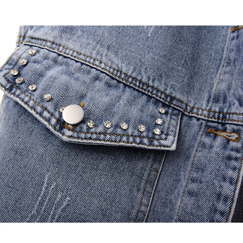 

Spring Vintage Denim Vest Coat Women fashion Diamond Pocket Frayed Sleeveless Jacket Casual Short Jeans Waistcoat Female G1031