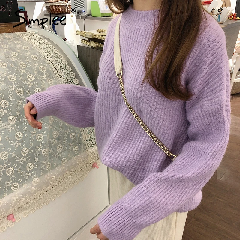 Simplee Autumn winter women's purple sweater Casual simple fashion knitted pullover Pink drop shoulder sleeve o-neck | Женская