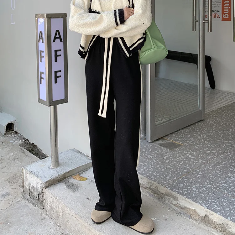 

Side Stitching Thickened Pants Women's Black Knitted Pants Autumn and Winter High Waist Thin Wide Leg Pants Casual